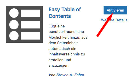 Wordpress Plugin Easy Table of Contents aktivieren