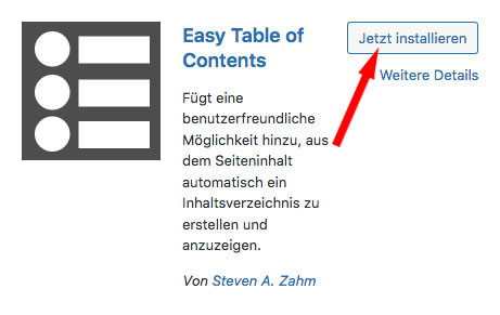 Wordpress Plugin Easy Table of Contents installieren